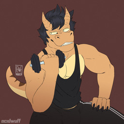 anthro black_bottomwear black_clothing black_hair black_pants black_topwear bottomwear brown_background clothed clothing exercise fangs hair horn looking_aside male muscular muscular_anthro muscular_male orange_body orange_horn pants shirt short_hair simple_background sitting solo tail tank_top teeth topwear weightlifting workout yellow_body acidwuff mythology dragon mythological_creature mythological_scalie scalie 1:1 hi_res