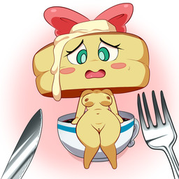 accessory areola beverage blush bow_(feature) bow_accessory bow_ribbon breasts centered_hair_bow coffee cutlery female food for_a_head fork genitals green_eyes hair_accessory hair_bow hair_ribbon kitchen_utensils knife nipples not_furry nude nude_female open_mouth ribbons shortstack shortstack_female simple_background solo tools vulva lonbluewolf level-5 yo-kai_watch hottocake food_creature humanoid object_head 1:1 2017 digital_media_(artwork) hi_res