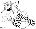 anthro belly bodily_fluids clothing collar ear_piercing genitals grin male overweight overweight_male pecs penis penis_poking_out piercing polka_dot_underwear smile solo spiked_collar spikes sweat underwear olifawn canid canine canis mammal wolf monochrome