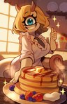 1_eye apron berry big_breasts blue_eyes breasts butter clothing dairy_products dress female food fruit gesture hand_gesture horn necktie pancake plant smile solo sparkles syrup thumbs_up zombiemiso marja-leena humanoid tailclops_(race) tailclops_(species) hi_res