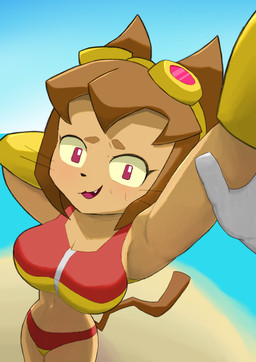 anthro bodily_fluids brown_hair clothing confusion eyewear_on_head female hair perspective solo sweat swimwear tail whiskers nukosandayo gameoverse glitch_productions kit_bodega domestic_cat felid feline felis mammal absurd_res hi_res