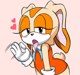 5_fingers amber_eyes anthro bedroom_eyes black_nose blush blush_lines bodily_fluids bottomless clothed clothing drooling eyelashes fellatio_gesture female fingers flat_chested floppy_ears front_view fur gesture gloves half-closed_eyes handwear heart_symbol iris looking_at_viewer lop_ears motion_lines multicolored_ears narrowed_eyes open_mouth orange_clothing orange_ears orange_shirt orange_topwear pink_background pink_tongue pupils saliva seductive shirt simple_background sleeveless_shirt small_tail solo standing suggestive suggestive_gesture tail tan_body tan_ears tan_fur tan_tail tongue tongue_out topwear two_tone_ears white_clothing white_gloves white_handwear young young_anthro dupli sega sonic_the_hedgehog_(series) cream_the_rabbit lagomorph leporid mammal rabbit colored digital_media_(artwork) flat_colors half-length_portrait portrait