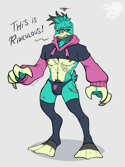alternative_fashion anthro bulge clothing footwear fur male muscular nipples piercing pubes punk rayzer_gasther scar socks solo threehorns anatid anseriform avian bird duck hybrid hi_res