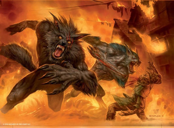 attack biceps big_muscles black_claws blood blood_on_hand blue_body blue_fur bodily_fluids building burning_building charging claws death detailed_background digitigrade eye_scar facial_scar fangs featureless_crotch fire foreshortening front_view fur green_eyes grey_body grey_fur group killing looking_at_viewer male muscular muscular_male no_pupils open_mouth outside running saliva scar sharp_teeth size_difference snarling teeth wounded yellow_teeth greg_staples hasbro magic:_the_gathering mythology wizards_of_the_coast canid canine human mammal mythological_canine mythological_creature werecanid werecanine werecreature werewolf detailed official_art