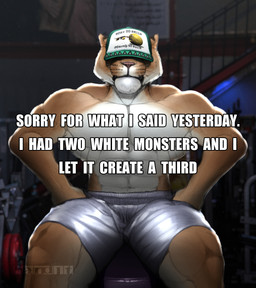 anthro baseball_cap bottomwear clothing green_clothing green_hat green_headwear grey_bottomwear grey_clothing grey_pants gym hat headgear headwear male male_anthro muscular muscular_anthro muscular_male pants shorts solo spiked_hat text whiskers band1tnsfw band1t_(band1tnsfw) felid lion mammal pantherine absurd_res english_text hi_res impact_(font) meme