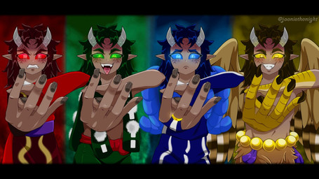 2_horns 5_fingers beaded_belt beads belt bent_arm blue_clothing blue_eyebrows blue_eyes blue_hair blue_robe blue_sclera bottomwear brown_body brown_bottomwear brown_claws brown_clothing brown_eyebrows brown_fingernails brown_hair brown_nails brown_skin claws clothed clothed_humanoid clothed_male clothing colored_nails colorful_background dancing digit_ring eyebrows eyelashes fangs feathered_wings feathers finger_ring fingernails fingers frowning_at_viewer furrowed_eyebrows green_bottomwear green_clothing green_eyebrows green_eyes green_hair green_pants green_sclera grey_horn group hair horn humanoid_pointy_ears jewelry light long_hair looking_at_viewer male male_humanoid nails navel pants pink_tongue pointy_ears pose purple_sash red_clothing red_eyebrows red_eyes red_hair red_robe red_sclera robe smile smiling_at_viewer talon_hands teeth text text_in_eyes text_on_tongue tongue tongue_out toothy_grin topless topless_humanoid topless_male wings yellow_eyes yellow_sclera yellow_wings jooniethenight demon_slayer aizetsu_(demon_slayer) karaku_(demon_slayer) urogi_(demon_slayer) zohakuten_(demon_slayer) demon demon_humanoid horned_humanoid humanoid winged_humanoid 16:9 2024 artist_name colored crossover digital_drawing_(artwork) digital_media_(artwork) english_description japanese_text letterbox lighting meme shaded widescreen