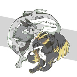 2_horns alternate_species ambiguous_gender antlers arm_markings barbel_(anatomy) black_body black_feathers black_fur black_hair black_horn black_scales black_tail claws closed_smile countershade_face countershade_fur countershade_scales countershade_torso countershading duo ear_piercing eyewear feathered_wings feathers feral feralized flesh_whiskers fur furrification grey_background grey_body grey_claws grey_hair grey_scales hair head_horn horn inner_ear_fluff mane markings monocle mouth_closed piercing reverse_countershading scales simple_background smile tail tuft white_body white_countershading white_fur white_mane wings yellow_body yellow_claws yellow_feathers yellow_horn yellow_inner_ear_fluff yellow_markings yellow_tail haneko0216 mythology project_moon binah_(project_moon) hokma_(project_moon) dragon eastern_dragon feathered_dragon feathered_scalie furred_dragon furred_scalie mythological_creature mythological_scalie scalie 1:1 2019 digital_drawing_(artwork) digital_media_(artwork) full-length_portrait portrait female_(lore) male_(lore)