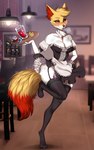 alcohol anthro beverage black_clothing black_legwear black_stockings blush braixen clothing cocktail female garter_straps generation_6_pokemon hi_res legwear maid_uniform nintendo pokemon pokemon_(species) serving_tray sex_toy solo stockings uniform vibrator zhadart