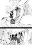 bodily_fluids chest_scar claws clothed clothing duo facial_scar horn imminent_vore in_mouth male on_hand presenting_mouth saliva saliva_string scales scar sharp_teeth teeth tongue karino_wagashi mythology zatch_bell! elzador vincent_bari dragon humanoid mythological_creature mythological_scalie scalie comic hi_res monochrome