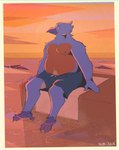 anthro beach clothing male overweight slightly_chubby solo sunset swimming_trunks swimwear towel numijulie neptune_mereaux avian bird bluebird eastern_bluebird oscine passerine thrush_(bird) hi_res