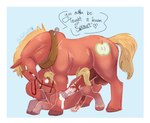 animal_genitalia animal_penis balls big_macintosh_(mlp) blonde_hair bodily_fluids border bridle cutie_mark dialogue earth_pony english_text equid equine equine_genitalia equine_penis erection feral feral_on_feral friendship_is_magic genital_fluids genitals hair hasbro hi_res hooves horse imminent_sex kpkorgi larger_feral larger_male leg_markings male male/male male_feral male_on_feral mammal markings medial_ring my_little_pony penile penis penis_size_difference pony precum quadruped reins size_difference smaller_feral smaller_male socks_(marking) sprout_cloverleaf_(mlp) text white_border yoke