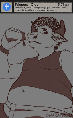 anthro belly belly_peeking_out bloated clock clothed clothing drinking horn male navel overweight scruffy shake shaker_bottle shirt sitting solo tank_top text tight_clothing topwear watch weight_gain mara_mmoo fattytober mara_(mara_mmoo) bovid bovine cattle mammal english_text hi_res sequence