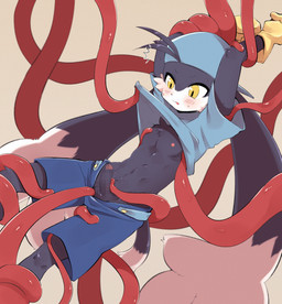 anthro blue_bottomwear blue_clothing blue_hat blue_headwear blue_shirt blue_shorts blue_topwear bottomwear clothing genitals hat headgear headwear long_ears male nipple_fetish nipple_play penis shirt shorts tentacles topwear yellow_eyes kokomo_niwa bandai_namco klonoa_(series) klonoa domestic_cat felid feline felis hybrid mammal censored hi_res