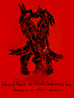 ambiguous_gender anthro anthro_on_anthro avoiding_eye_contact blood blood_drip bodily_fluids cutting_self dripping duo gore gore_focus hurt_expression looking_at_another looking_away looking_up mutual_self-harm nervous pain questionable_consent razor_blade scared self-harm standing text wounded jackrabbit_(artist) canid canine canis mammal wolf 2025 3:4 absurd_res english_text hi_res signature