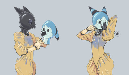 ambiguous_gender anthro clothing collar gloves grey_background handwear latex latex_clothing latex_mask lock_symbol looking_at_mask mask raised_arm simple_background solo owy owy_(character) toy_owy avian bird owl hi_res