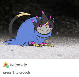 ambiguous_gender belt black_body black_sclera blue_cape blue_clothing cape clothing feet feral horn solo tail talons text toes weapon_tail white_eyes roguemorpho bandai_namco digimon digimon_(species) gulusgammamon image_macro meme redraw