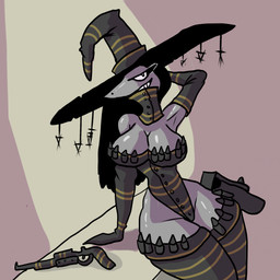 anthro armwear bedroom_eyes black_hair breasts cleavage clothed clothing curvy_figure elbow_gloves eyelashes female flintlock front_view glistening glistening_breasts glistening_thighs gloves grey_body grey_skin gun hair hand_on_butt handgun handwear hat head_turned headgear headwear holster leaning_on_table legwear leotard long_hair looking_at_viewer magic_user medium_breasts multicolored_clothing narrowed_eyes pattern_clothing pattern_gloves pattern_handwear pattern_legwear pattern_thigh_highs pattern_topwear pistol ranged_weapon seductive shirt_collar simple_background small_waist smug_grin solo strapless_clothing strapless_leotard striped_clothing striped_gloves striped_handwear striped_legwear striped_thigh_highs striped_topwear stripes teeth thick_thighs thigh_highs topwear two_tone_clothing weapon wide_hips witch witch_hat zhmernalt steamfalish_witch 1:1 2025 colored hi_res portrait shaded three-quarter_portrait