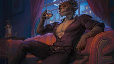 5_fingers anthro belt biped bottomwear brown_hair claws clothed clothed_anthro clothed_male clothing finger_claws fingers front_view fully_clothed fully_clothed_anthro fully_clothed_male fur furniture grey_body grey_fur hair holding_glass holding_object inside looking_at_viewer male markings moon night on_sofa open_clothing open_topwear pants sitting sitting_on_sofa sky sofa solo spots spotted_body spotted_fur topwear window va_art felid mammal pantherine 16:9 2025 digital_drawing_(artwork) digital_media_(artwork) hi_res widescreen