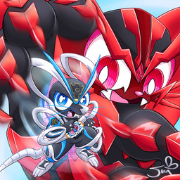 3_fingers 3_toes 4_fingers alternate_species ambiguous_gender anthro black_body blue_body blue_eyes cheese dairy_products duo extreme_size_difference fangs feet fingers food furrification open_mouth red_body red_eyes size_difference superhero tail teeth toes tokusatsu white_feet white_tail jun-system kamen_rider kamen_rider_my-th domestic_cat felid feline felis mammal mouse murid murine rodent 1:1 hi_res signature