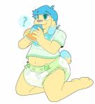 ageplay anthro biped blue_body blue_fur blue_hair clean_diaper clothed clothing diaper drinking fur hair infantilism kneeling male multicolored_body multicolored_fur roleplay simple_background sippy_cup solo two_tone_body two_tone_fur wearing_diaper white_background yellow_body yellow_fur bubblepuppers bubblegum_(bubblepuppers) canid canine canis domestic_dog mammal hi_res