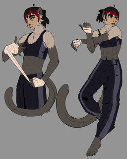 abs alternate_species anthro black_hair bottomwear bra breasts claws clothing female female_anthro fur furrification green_eyes grey_background grey_body grey_claws grey_fur hair hand_wraps highlights_(coloring) multiple_poses muscular muscular_anthro muscular_female navel open_mouth pants pink_body pink_skin ponytail pose red_highlights simple_background snout solo sports_bra stretching sweatpants tail teeth underwear wraps chorny_vasiliok the_hunger_games johanna_mason capuchin_monkey cebid haplorhine mammal monkey new_world_monkey primate 2026 4:5 digital_drawing_(artwork) digital_media_(artwork) flat_colors hi_res