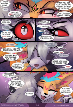 anthro black_nose blue_hair breasts clothing dialogue duo fangs female fingers fur grey_body grey_fur grey_hair group hair humanoid_hands multicolored_body multicolored_fur multicolored_hair pink_hair profanity red_body red_fur short_hair teeth text tongue topwear two_tone_body two_tone_fur two_tone_hair white_body white_fur naive_tabby hellaverse helluva_boss mythology loona_(helluva_boss) queen_bee-lzebub_(helluva_boss) arthropod bee canid canid_demon canine demon fox hellhound hybrid hymenopteran insect mammal mythological_canine mythological_creature 2025 comic english_text hi_res url