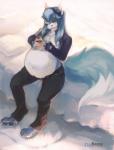 ambiguous_gender anthro bed belly big_belly biped blue_body blue_fur blue_hair bottomwear clothing container cup digitigrade fur furniture hair male navel outie_navel pants pregnant pregnant_anthro pregnant_male shirt sitting solo topwear white_body white_fur wide_hips kardie aerothefox aero_vonheart canid canine canis domestic_dog mammal hi_res