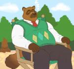 2017 animal_crossing anthro biped canid canine chair clothed clothing furniture male mammal nintendo overweight overweight_anthro overweight_male raccoon_dog rine sitting sleeping solo tanuki tom_nook_(animal_crossing)