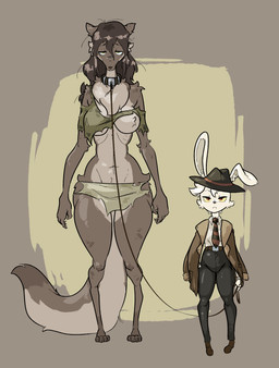 anthro collar dominant_prey emaciated emaciated_female female female/female hungry leash leash_pull leashed_collar masochism ragged_clothing sadism short_female size_difference starving submissive_predator tall_female visible_ribcage sinfullapis canid canine canis lagomorph leporid mammal rabbit wolf absurd_res hi_res