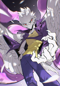 5_fingers anthro back_wings beak beak_closed biped black_background bottomwear claws clothed clothed_anthro clothed_male clothing feathered_wings feathers finger_claws fingers foreshortening front_view fully_clothed fully_clothed_anthro fully_clothed_male furrowed_eyebrows hair hand_on_hip hand_on_own_hip jacket looking_at_viewer male mouth_closed no_pupils open_clothing open_jacket open_topwear pants pose purple_bottomwear purple_clothing purple_jacket purple_pants purple_topwear red_eyes shirt simple_background sleeveless_shirt solo spread_wings tail tail_feathers topwear white_beak white_body white_hair white_sclera white_wings wings yellow_clothing yellow_shirt yellow_sleeveless_shirt yellow_topwear chiayeeee avian bird 2026 chromatic_aberration digital_drawing_(artwork) digital_media_(artwork) portrait signature three-quarter_portrait