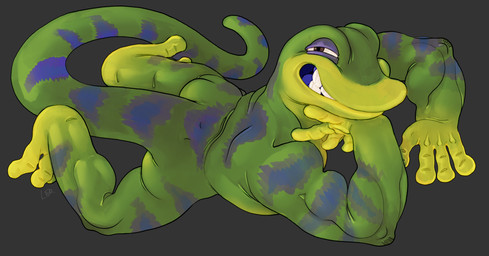 anthro green_body green_skin lighter_feet lighter_palms long_tail lying lying_on_ground male muscular muscular_arms muscular_legs muscular_male narrowed_eyes nude_male on_front on_ground purple_stripes rear_view short short_male simple_background smile smirk solo striped_body striped_skin stripes tail ravuer gex_(series) gex_the_gecko gecko lizard reptile scalie absurd_res hi_res