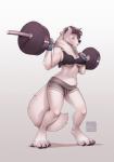 2019 anthro banjax_(farex) bodily_fluids breasts canid canine clothed clothing digital_media_(artwork) exercise exposure_variation eyes_closed female furlana hi_res mammal navel no_bra solo standing sweat sweatdrop under_boob weightlifting wide_hips workout