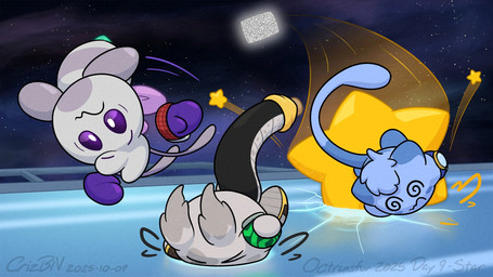 ambiguous_gender clock clothing cosmic_background cracked_glass electronics eyebrows falling final_destination footwear group head_tuft panicking shoes sky space spiral spiral_eyes star starry_background starry_sky static television trio tuft warp_star watch wristwatch crizbn kirby_(series) nintendo super_smash_bros. chris_(crizbn) arthropod bee hymenopteran insect kirby_(species) 16:9 2025 hi_res widescreen nonbinary_(lore)