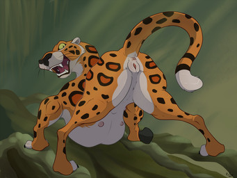 anatomically_correct anatomically_correct_genitalia anatomically_correct_vulva animal_genitalia animal_vulva anus ass_up butt fangs feline_genitalia feline_vulva female feral forest fur genitals jungle looking_at_viewer looking_back looking_back_at_viewer multi_nipple nipples plant presenting presenting_hindquarters raised_tail solo tail tail_anus tail_aside teeth tree vulva whiskers yellow_body yellow_fur mcfan disney tarzan_(disney) sabor felid leopard mammal pantherine 4:3 hi_res