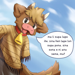 anthro asking_viewer black_eyes blonde_hair blue_background blue_sky bottomwear bovid_horn bovine_horn brown_body brown_fur brown_poncho clothing cloud cloudy_sky collar cow_ears cow_horn cow_nose cowbell_collar fangs fur grey_bottomwear grey_clothing grey_pants hair hands_behind_back horn looking_at_viewer looking_down looking_down_at_viewer male markings messy_hair moo open_mouth open_smile pants pink_snout red_collar simple_background skunk_tail sky smile solo speech_bubble striped_markings striped_poncho striped_tail stripes tail tail_markings talking_to_viewer teeth text white_horn vecderg hyde_(vecderg) bovid bovine cattle hybrid mammal mephitid skunk 1:1 2023 constructed_language hi_res toki_pona_text translated