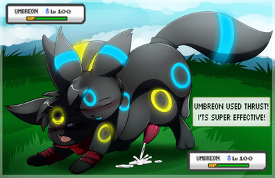 all_fours alternate_color ambiguous_gender black_body black_fur blush bodily_fluids cloud cum doggystyle duo erection eyes_closed feral from_behind_position fur gameplay_mechanics gender_symbol genital_fluids genitals grass gui half-closed_eyes health_bar male male/ambiguous male_symbol narrowed_eyes nude open_mouth outside penis plant scarf sex shadow sky symbol tail text tongue camychan nintendo pokemon eeveelution generation_2_pokemon pokemon_(species) shiny_pokemon umbreon 2014 english_text