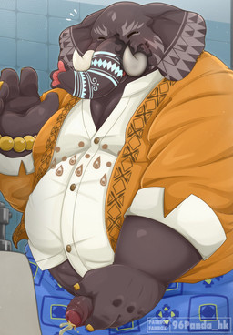 anthro bathroom belly black_body bodily_fluids clothed clothing eyes_closed flaccid foreskin genital_fluids genitals gesture humanoid_genitalia humanoid_penis male male_peeing overweight partially_clothed peeing penis proboscis_(anatomy) public_restroom realistic_penis_size small_penis smile solo trunk_(anatomy) tusks unretracted_foreskin urinal urinal_peeking urine waving waving_at_viewer 96panda lifewonders tokyo_afterschool_summoners girimekra_(tas) elephant elephantid mammal proboscidean absurd_res hi_res