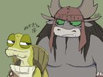 anthro biped clothing cute_fangs duo fangs green_body hat headgear headwear horn kemono male overweight overweight_male simple_background teeth negigi pla0net5lai8ka dreamworks kung_fu_panda kai_the_collector master_oogway bovid bovine mammal reptile scalie turtle 2020