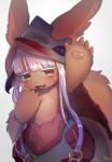 blush brown_body brown_fur clothing female fur hair simple_background solo white_background yellow_eyes uno_yuuji made_in_abyss nanachi lagomorph mammal narehate hi_res