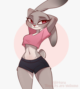 anthro bottomwear breasts clothed clothing countershade_torso countershading female fur grey_body grey_fur hand_behind_head hands_behind_head midriff multicolored_body multicolored_fur navel raised_arm raised_arms shirt shorts slim smile solo standing topwear two_tone_body two_tone_fur glitter_galaxia disney zootopia judy_hopps european_rabbit lagomorph leporid mammal oryctolagus rabbit 2025 digital_media_(artwork) hi_res