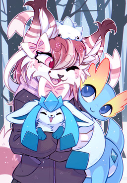 ambiguous_gender anthro biped female feral fingers front_view fur group hair outside smile snow standing tail teeth tongue bloominglynx nintendo pokemon yukki_kirai amaura eeveelution felid feline fossil_pokemon generation_4_pokemon generation_6_pokemon generation_8_pokemon glaceon lynx mammal pokemon_(species) snom 2026 digital_drawing_(artwork) digital_media_(artwork) hi_res