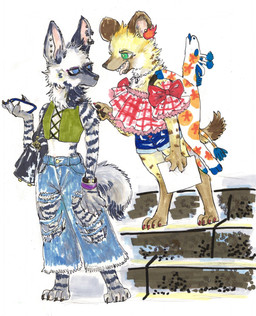4_toes alternative_fashion anthro barefoot belt blue_eyes bottomwear bracelet claws clothed clothing denim denim_bottomwear denim_clothing digitigrade duo ear_piercing ear_ring feet female finger_claws fur green_eyes grey_body grey_fur holding_object jeans jewelry markings midriff necklace pants paws piercing ring_piercing shirt simple_background smile stairs stripes tail toe_claws toes topwear torn_bottomwear torn_clothing torn_jeans torn_pants white_background sibaketsu hyena mammal spotted_hyena 2017 hi_res traditional_media_(artwork)