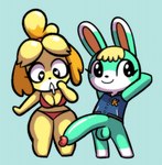 2024 animal_crossing anthro balls big_balls big_penis bikini bikini_bottom bikini_top black_eyes black_nose blonde_hair blue_clothing blue_jacket blue_topwear bodily_fluids breasts canid canine canis cleavage clothed clothing colored curved_penis dipstick_ears domestic_dog drooling duo ear_markings erection eyelashes featureless_feet featureless_hands feet female fur genitals grey_body grey_fur hair hand_on_face hands_behind_head heart_eyes heart_symbol hi_res huge_penis hyper hyper_genitalia hyper_penis isabelle_(animal_crossing) jacket lagomorph leg_markings leporid long_ears looking_at_genitalia looking_at_penis looking_at_viewer male mammal markings multicolored_body multicolored_ears multicolored_fur nintendo pantsless penis penis_awe presenting presenting_penis rabbit red_bikini red_clothing red_swimwear saliva sasha_(animal_crossing) shiba_inu simple_background smile smiling_at_viewer socks_(marking) spitz standing swimwear thick_thighs tied_hair topwear two_tone_body two_tone_fur white_body white_fur wide_hips yellow_body yellow_fur yopy