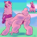 anthro big_breasts big_butt black_eyes breasts butt female fluffy genitals grass huge_breasts huge_butt mountain multicolored_body outside pink_body plant purple_body pussy round_ears scut_tail short_tail sky solo tail thick_thighs two_tone_body c2d2 centaurworld netflix wammawink camelid humanoid llama mammal taur 1:1 colored digital_media_(artwork) shaded signature