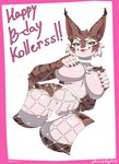 2023 anthro big_breasts blep breasts brown_body brown_fur cheek_tuft clothed clothing covering covering_breasts facial_tuft felid feline female fishnet_clothing fishnet_legwear fur happy_birthday hi_res legwear lingerie lynx mammal narrowed_eyes sem-l-grim solo spread_legs spreading stockings thick_thighs thong tongue tongue_out topless tuft underwear white_clothing white_lingerie zeha