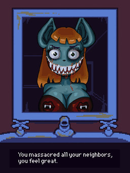 bathroom big_breasts big_eyes blood bodily_fluids breasts fangs female hair long_hair mirror small_waist smile solo teeth text jazminecanaan look_outside bat mammal monster 3:4 absurd_res english_text hi_res