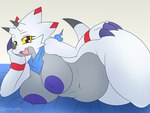 anthro areola belly big_breasts breasts facial_horn female horn huge_breasts mostly_nude nipples non-mammal_breasts nose_horn open_mouth scarf scarf_only slightly_chubby solo teeth thick_thighs punch_pubby bandai_namco digimon digimon_(species) gammamon 2025 digital_media_(artwork) hi_res