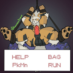 animal_genitalia anthro balls bdsm bondage bound dialogue_box exhibitionism genitals lipsticking male questionable_consent solo karamerudraws nintendo pokemon arcanine generation_1_pokemon pokemon_(species) 1:1