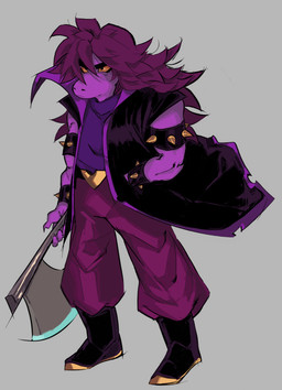 anthro axe clothing female freckled_face freckles grey_background hair purple_body purple_clothing purple_hair purple_skin simple_background solo sodaggs deltarune undertale_(series) susie_(deltarune) scalie 2025 absurd_res digital_media_(artwork) hi_res