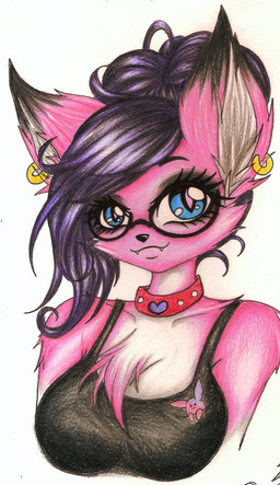 anthro breasts clothed clothing collar ear_piercing ear_ring eyewear female fur glasses hair heart_symbol piercing pink_body pink_fur purple_hair red_collar ring_piercing simple_background solo studded_collar studs white_background bunnywhiskerz domestic_cat felid feline felis mammal bust_portrait hi_res portrait traditional_media_(artwork)